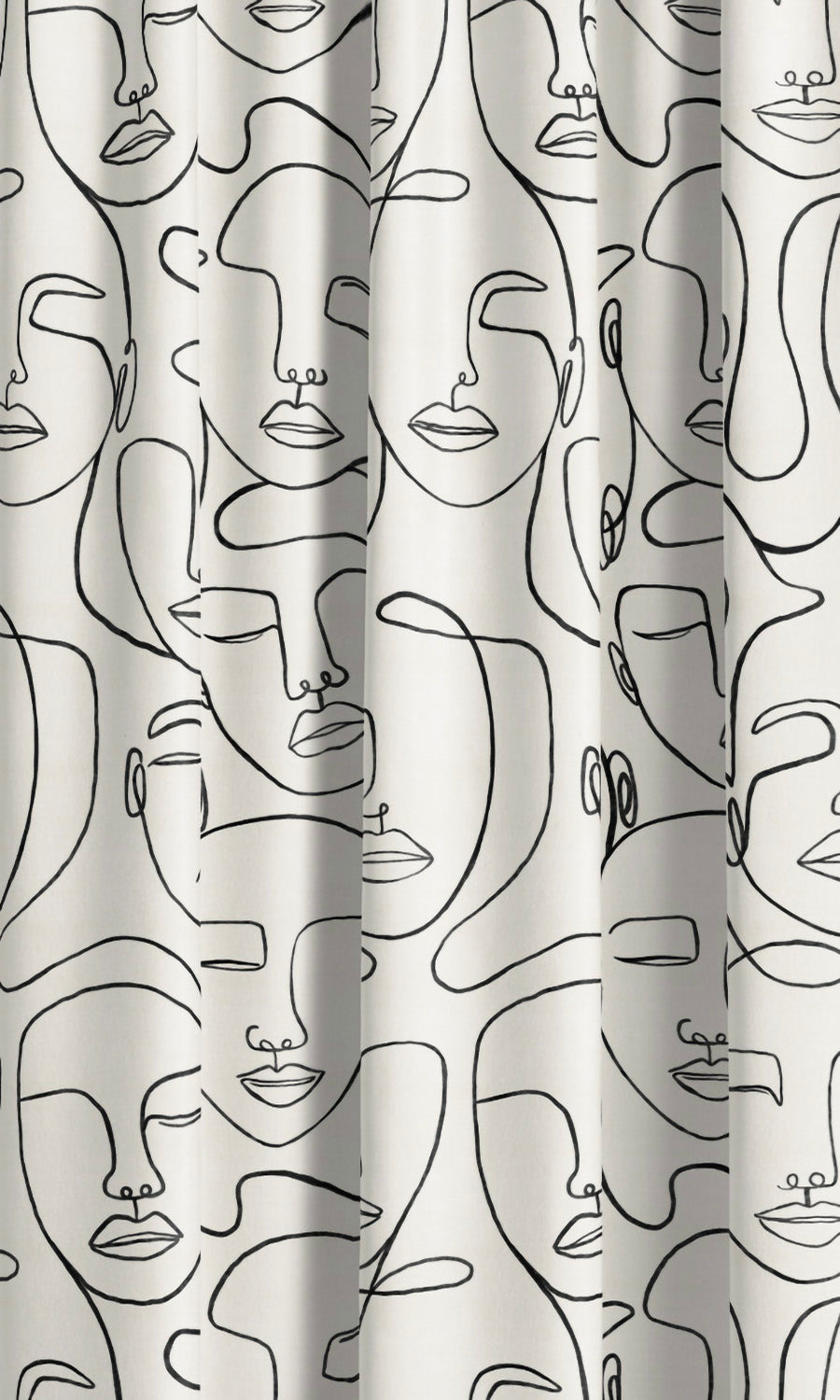 Picasso Faces Line Print Velvet Window Curtains (Warm White/ Black) Extra Long Short Wide