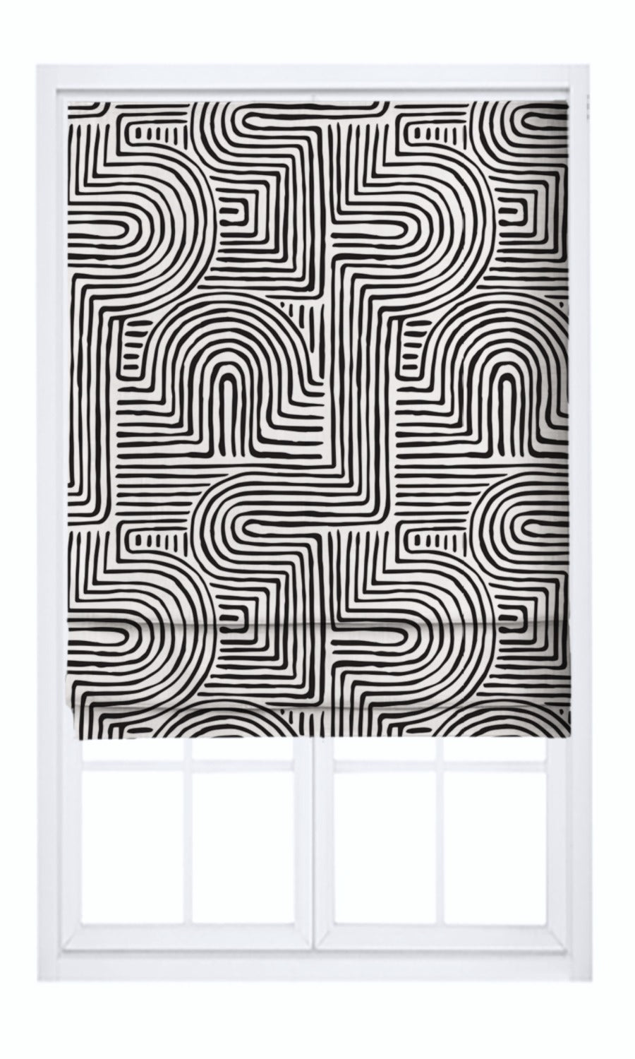 Abstract Maze Line Print Velvet Pinch Pleat, Rod Pocket, Eyelet Curtains (Warm White/ Black)