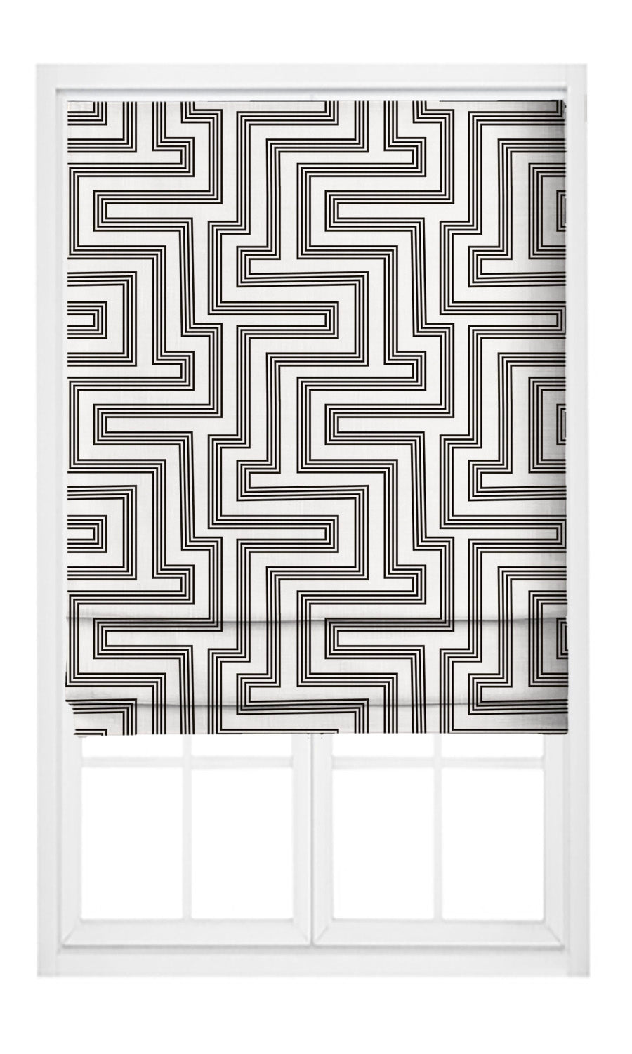 Abstract Maze Line Print Velvet Pinch Pleat, Rod Pocket, Eyelet Curtains (Warm White/ Black)