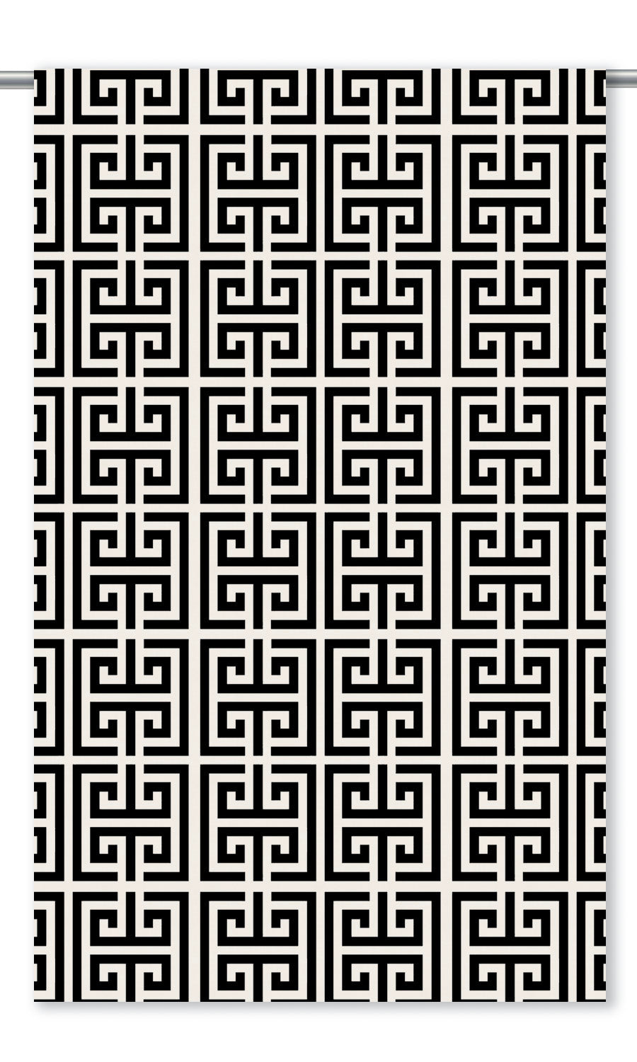 Greek Key Patterned Velvet Window Curtains (Warm White/ Black)