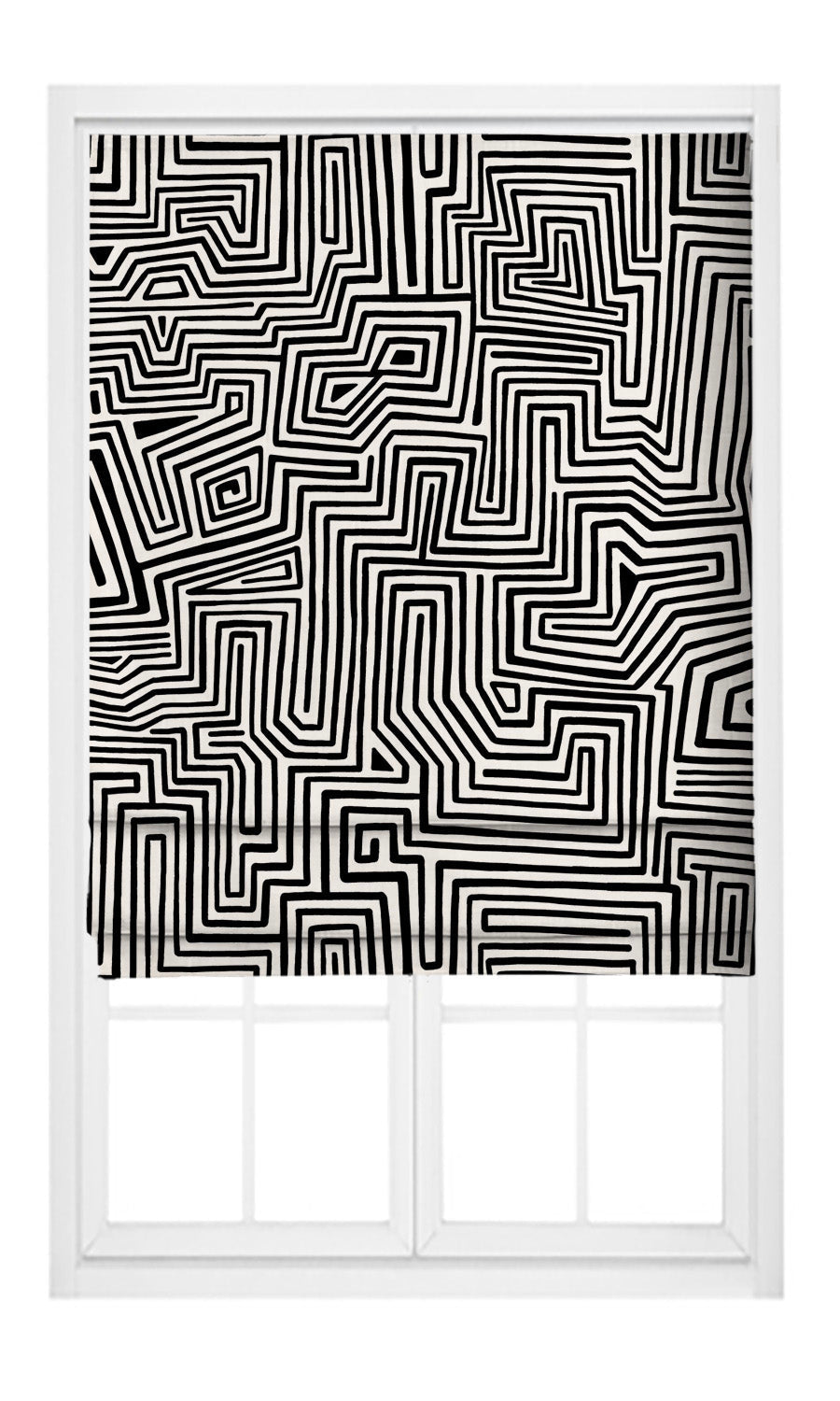 Abstract Maze Print Velvet Pinch Pleat, Rod Pocket, Eyelet Curtains (Warm White/ Black)