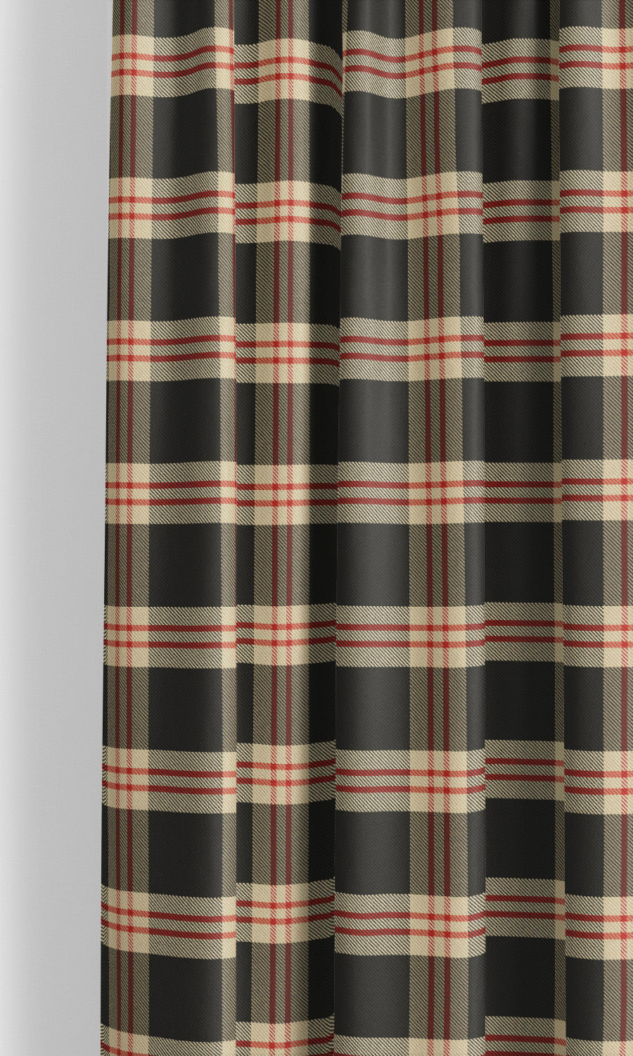 Tweed Plaid Velvet Window Curtains for Living, Bedroom, Kitchen, Bathroom (Black/ Tan/ Brick Red)