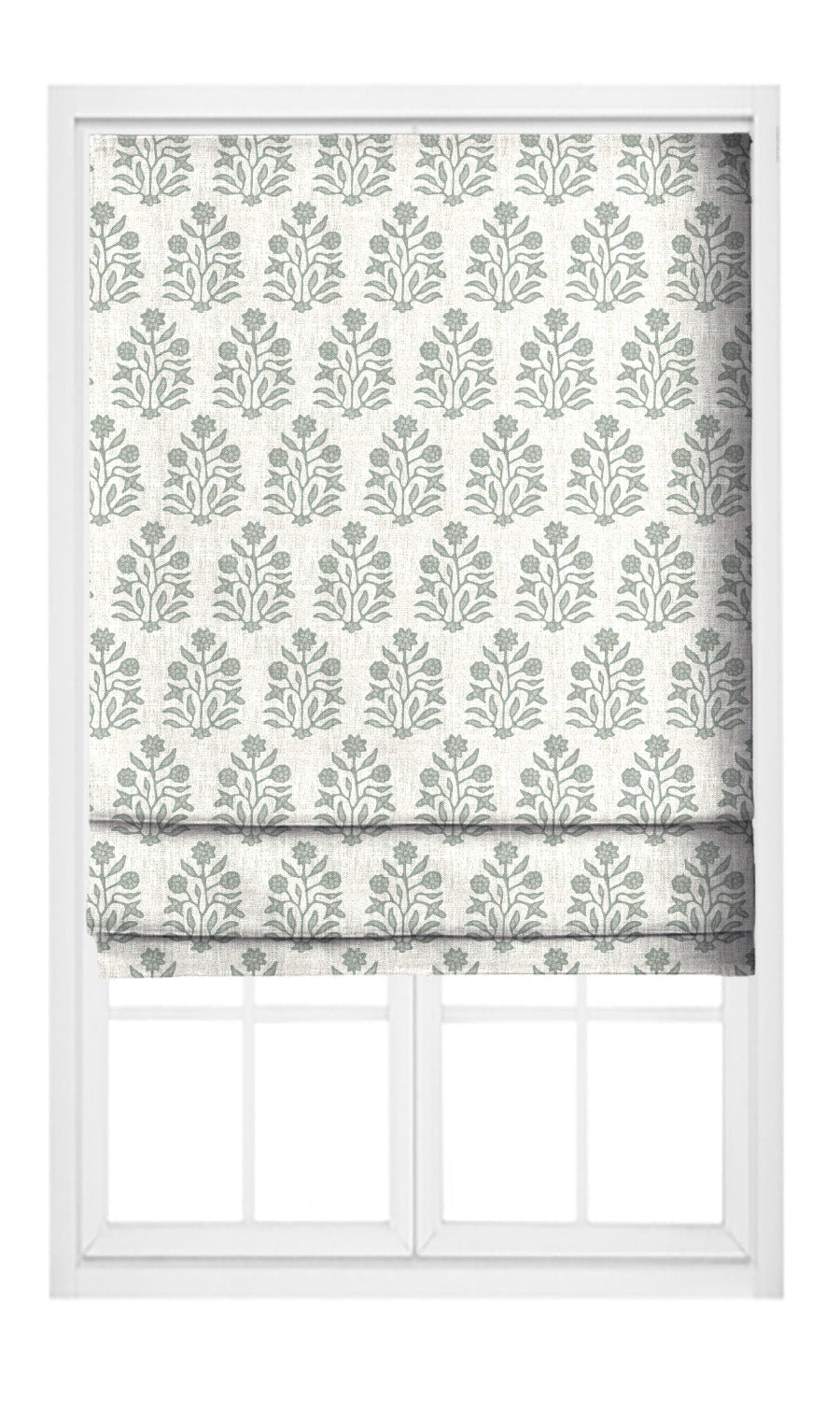 Floral Block Print Flat, Plain, Fake, Faux, European Relaxed Roman Shades (Cream/ Stone Blue)