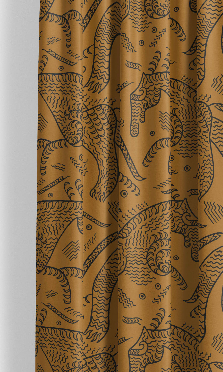 Abstract Animal Line Print Velvet Window Curtains for Living, Bedroom, Kitchen, Bathroom (Ochre Yellow/ Black)