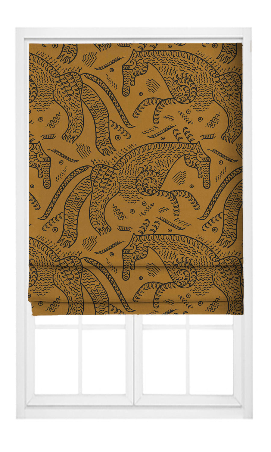 Abstract Animal Line Print Velvet Pinch Pleat, Rod Pocket, Eyelet Curtains (Ochre Yellow/ Black)