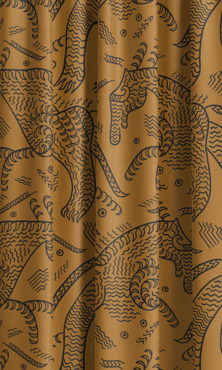 Abstract Animal Line Print Velvet Window Curtains (Ochre Yellow/ Black) Extra Long Short Wide