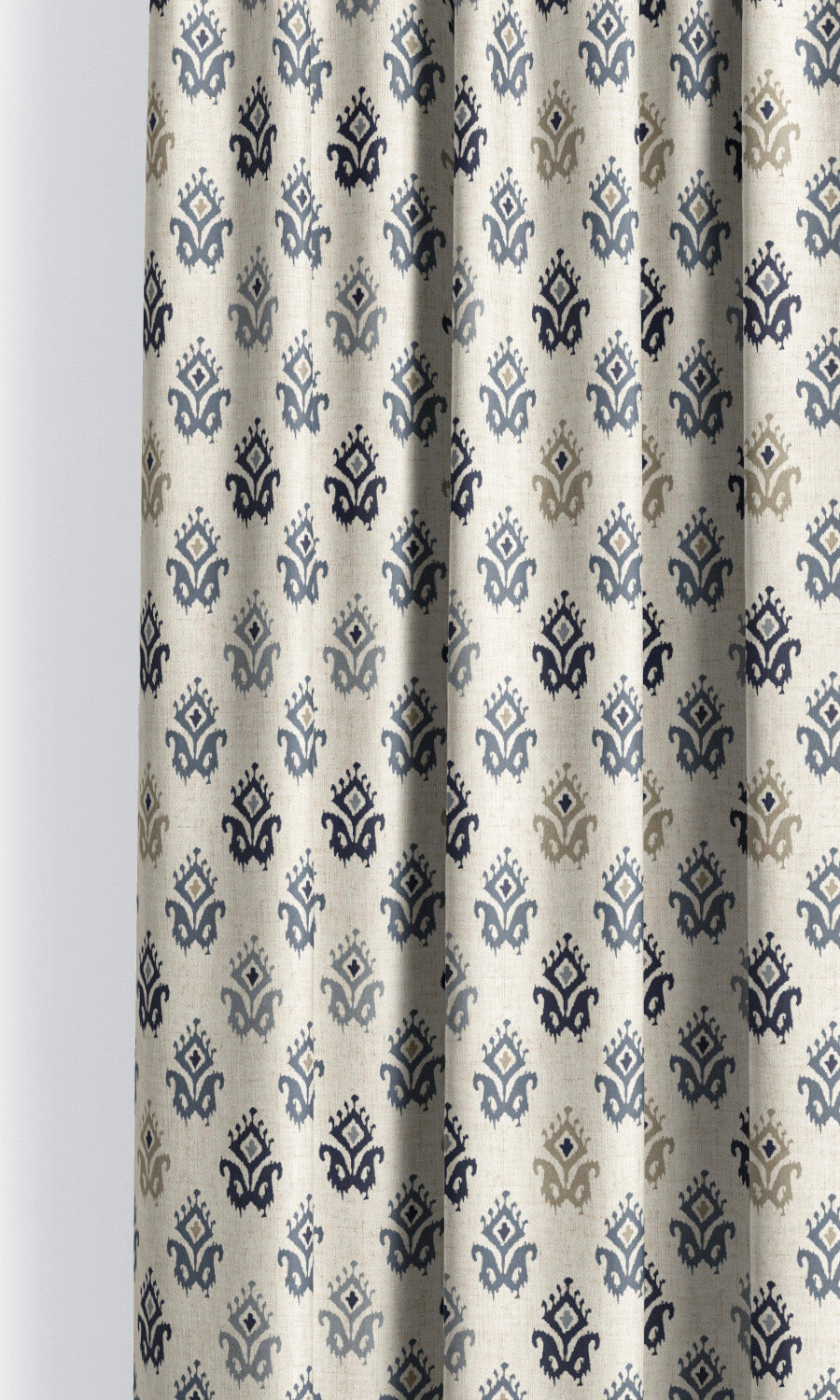 Ikat Paisley Block Print Pinch Pleat, Rod Pocket, Eyelet Curtains (Cream/ Blue)