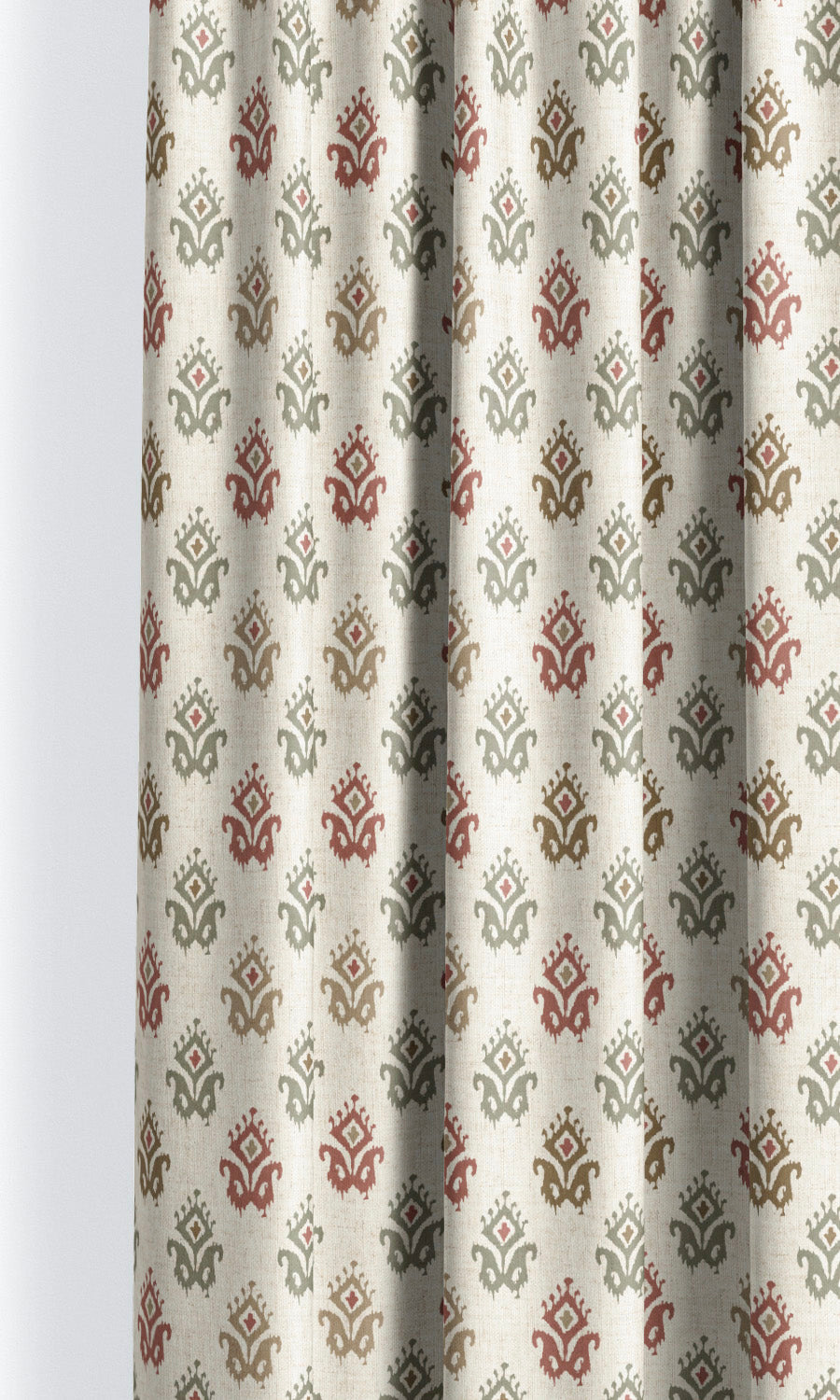 Ikat Paisley Block Print Pinch Pleat, Rod Pocket, Eyelet Curtains (Cream/ Maroon Red/ Sage Green)