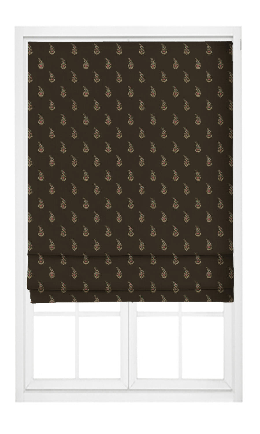 Paisley Floral Block Print Velvet Flat, Plain, Fake, Faux, European Relaxed Roman Shades (Dark Brown/ Green)