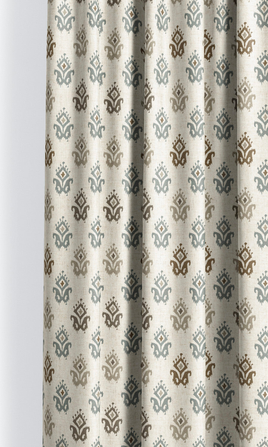 Ikat Paisley Block Print Pinch Pleat, Rod Pocket, Eyelet Curtains (Cream/ Stone Blue/ Cedar Brown)