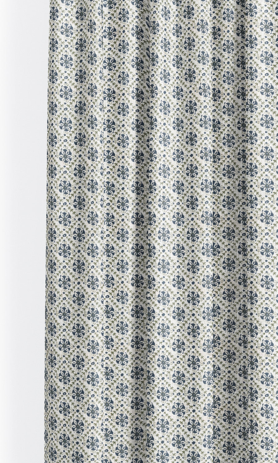 Floral Lattice Print Pinch Pleat, Rod Pocket, Eyelet Curtains (Navy Blue/ White)