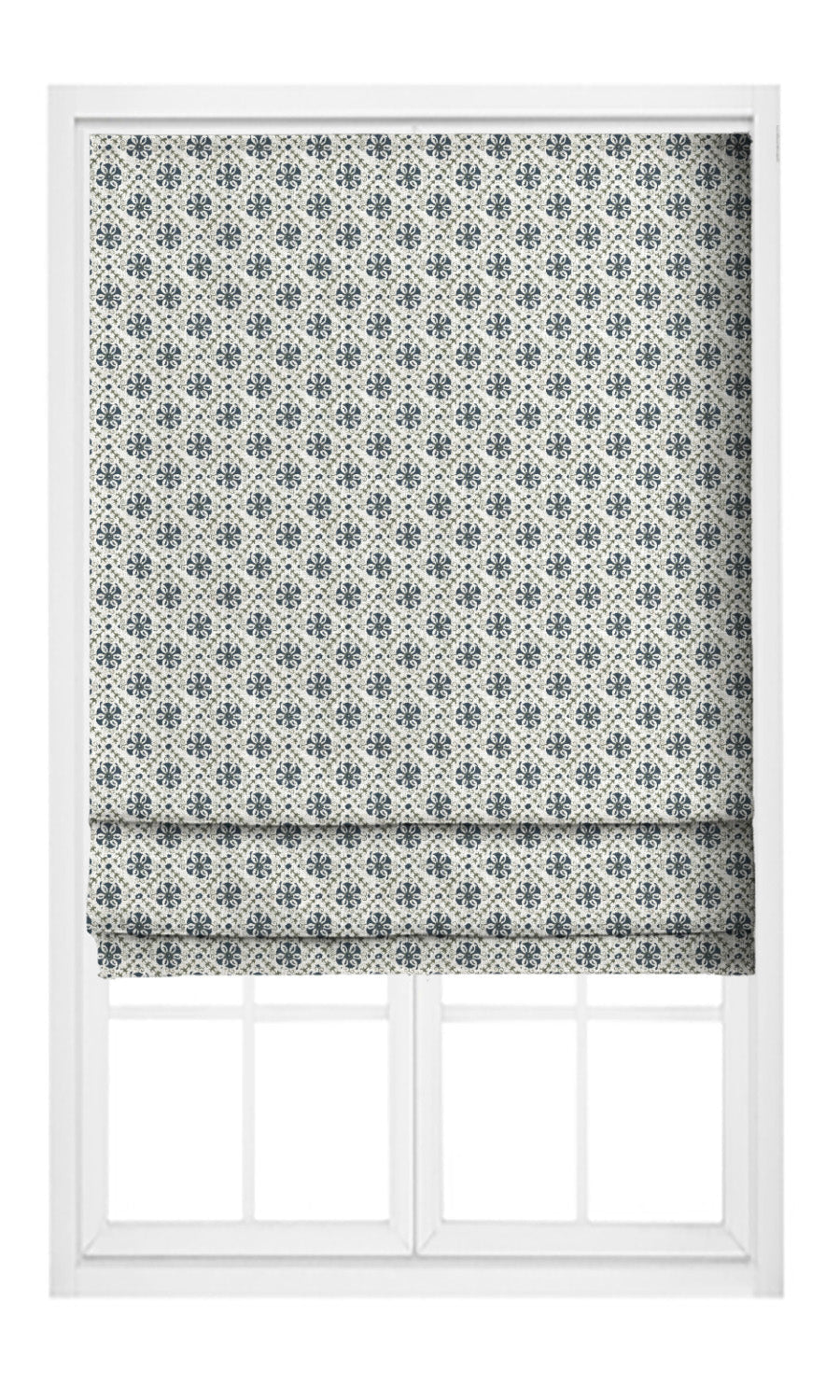 Floral Lattice Print Fabric Blinds (Navy Blue/ White) Extra Long Short Wide