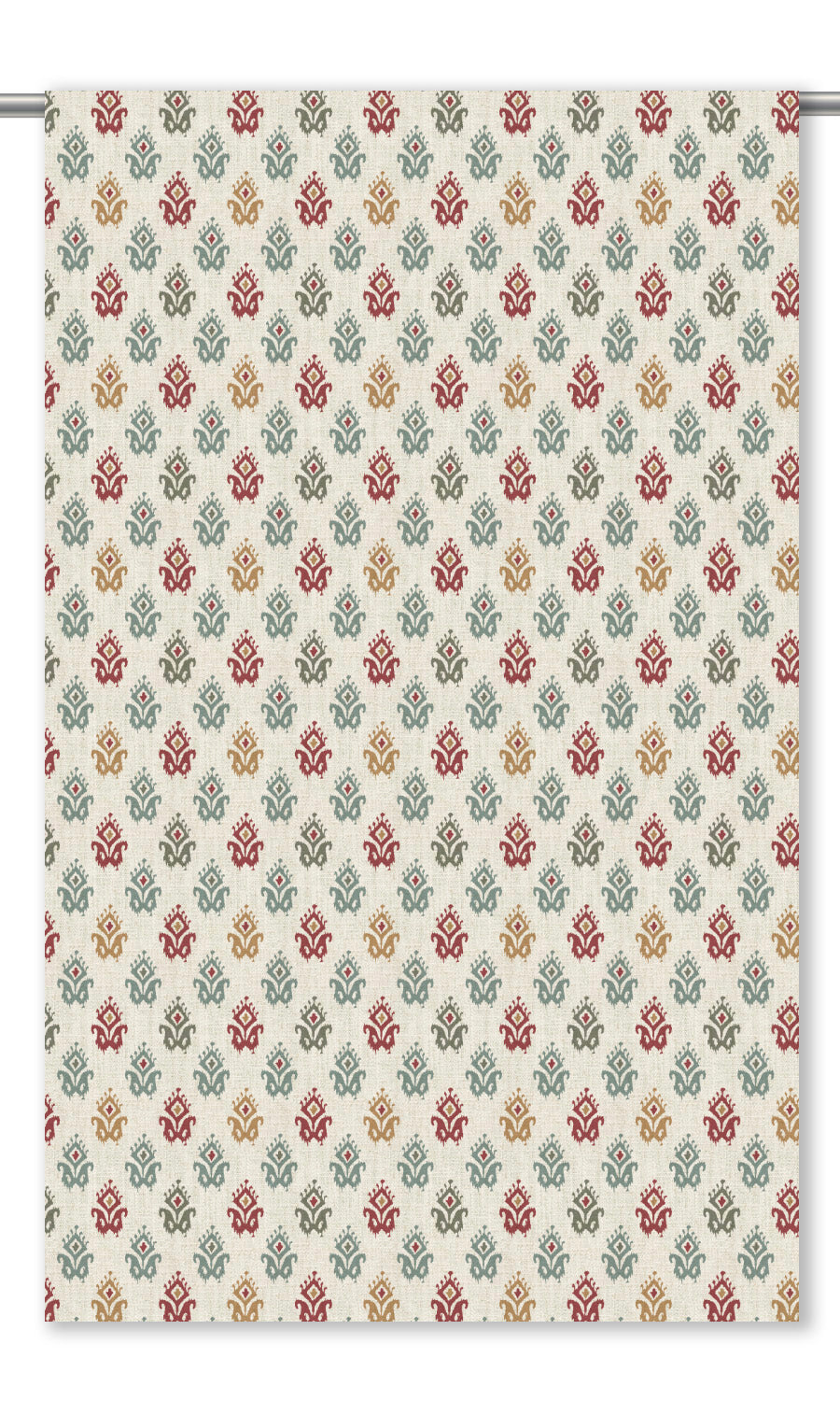 Ikat Paisley Block Print Window Curtains for Living, Bedroom, Kitchen, Bathroom (Cream/ Red/ Moss Gray)
