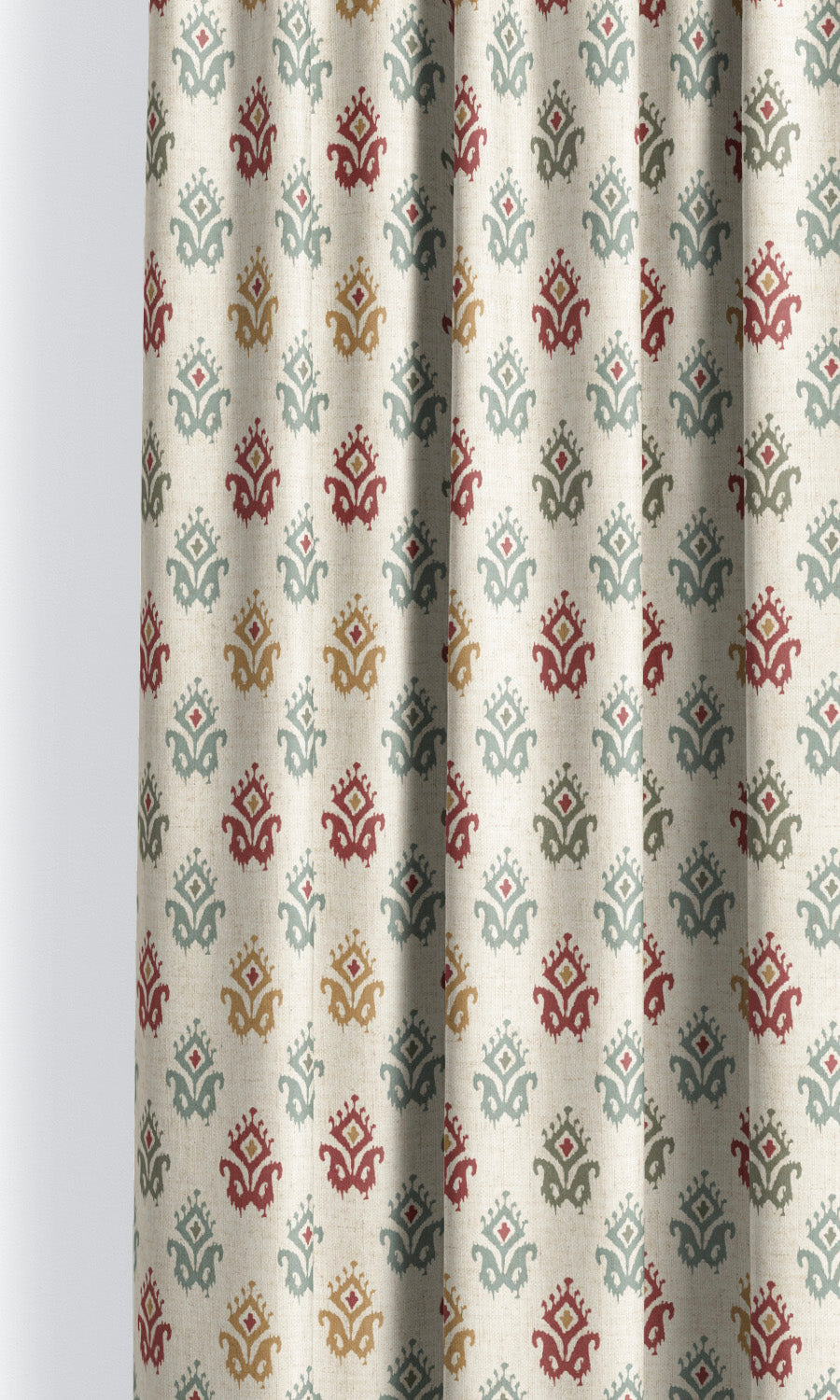 Ikat Paisley Block Print Pinch Pleat, Rod Pocket, Eyelet Curtains (Cream/ Red/ Moss Gray)