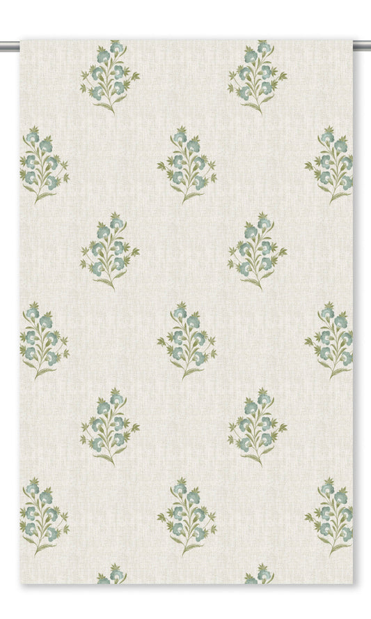Floral Window Curtains (Cream/ Cadet Blue)