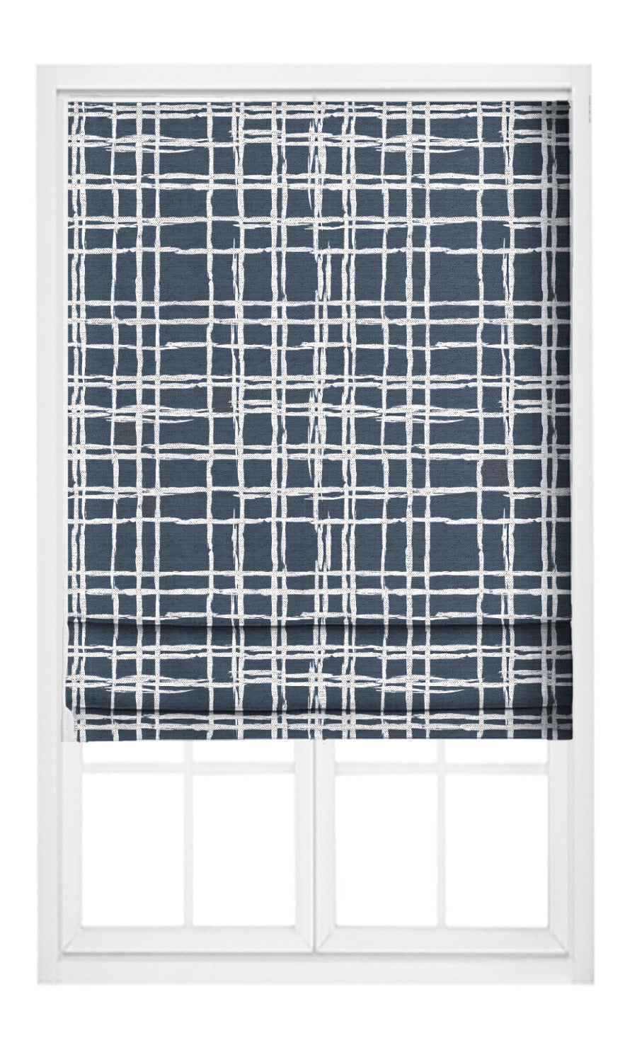 Abstract Grid/ Checkered Print Pinch Pleat, Rod Pocket, Eyelet Curtains (Navy Blue/ White)