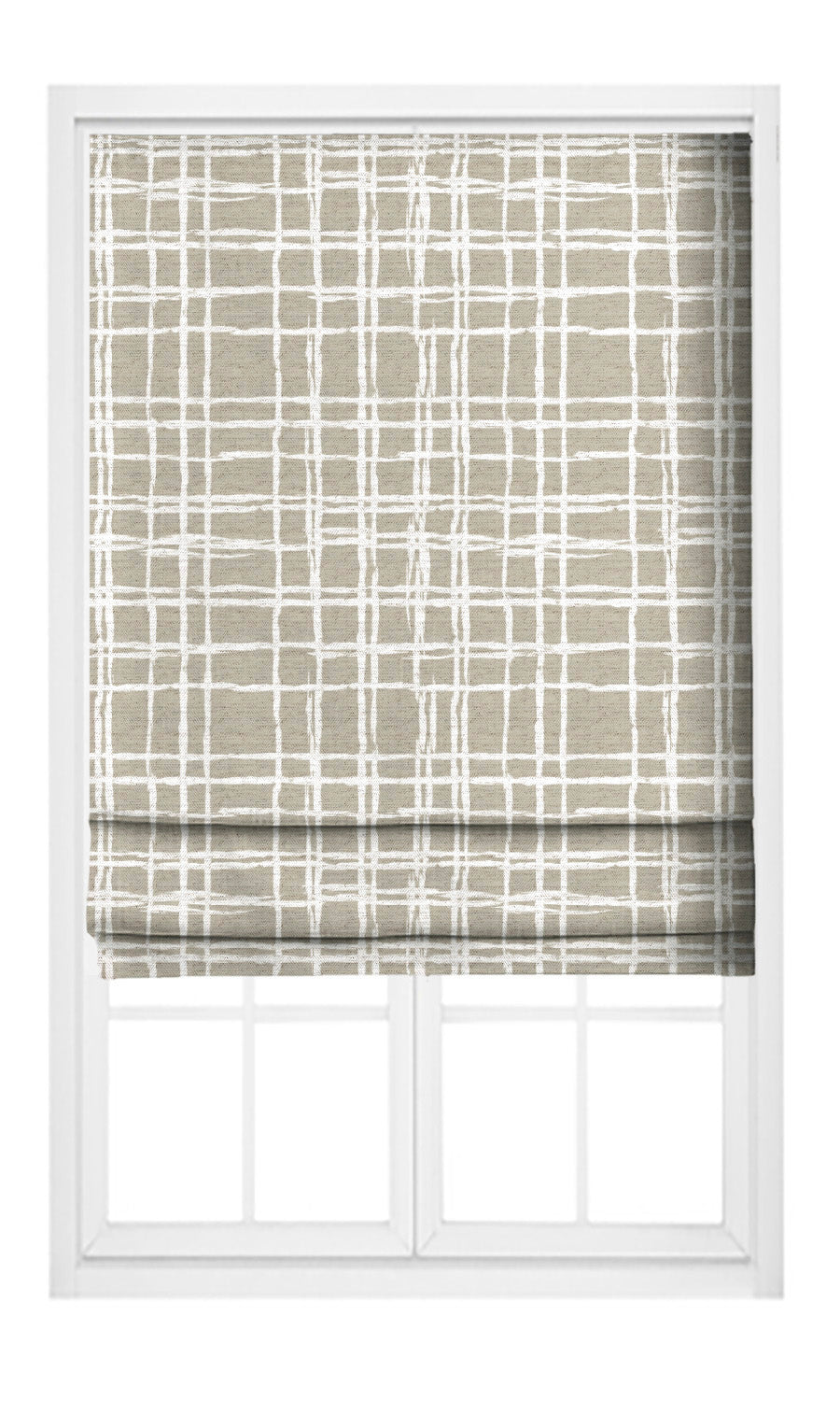 Abstract Grid/ Checkered Print Flat, Plain, Fake, Faux, European Relaxed Roman Shades (Wheat Beige/ White)