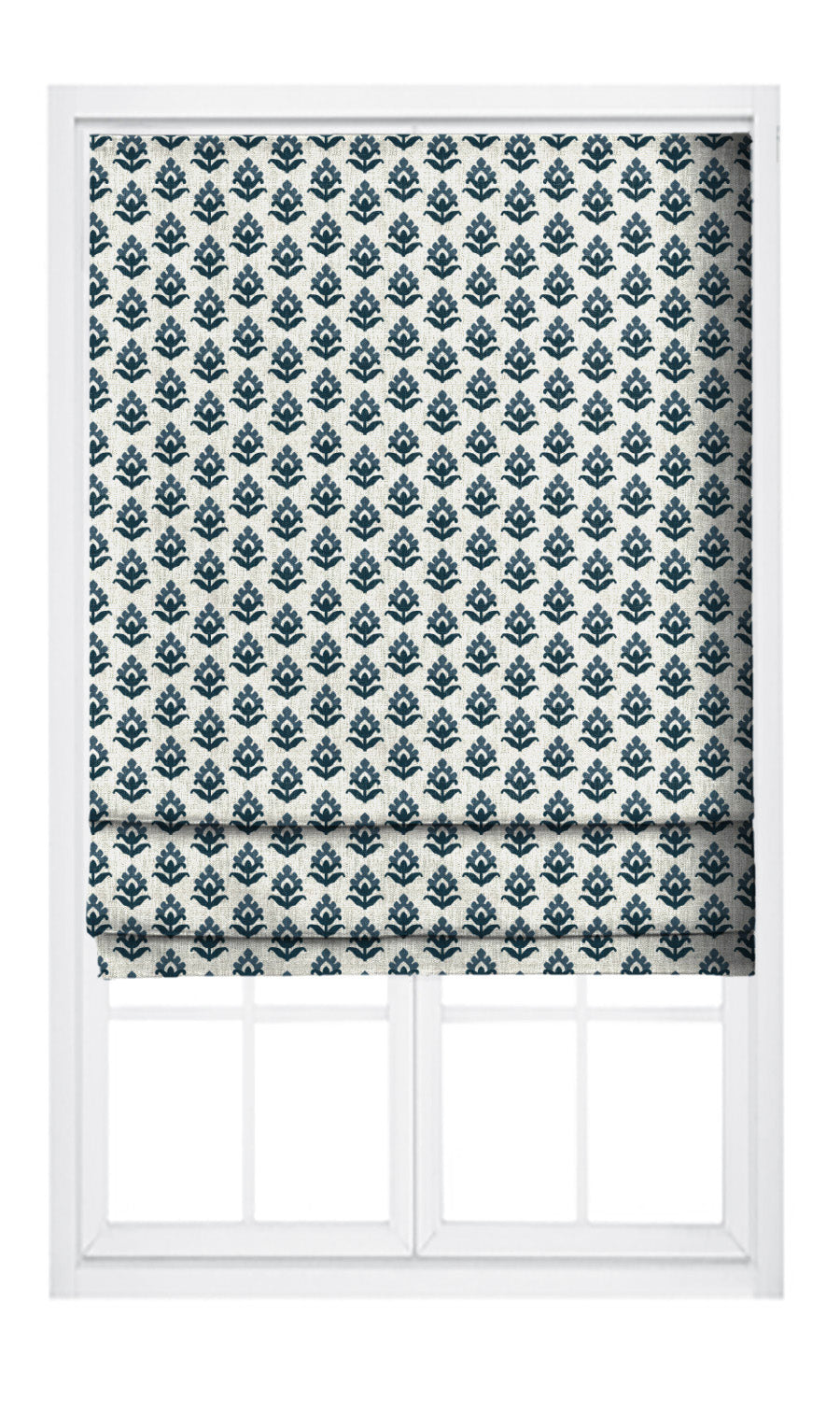 Floral Block Print Pinch Pleat, Rod Pocket, Eyelet Curtains (Cream/ Prussian Blue/ Navy)