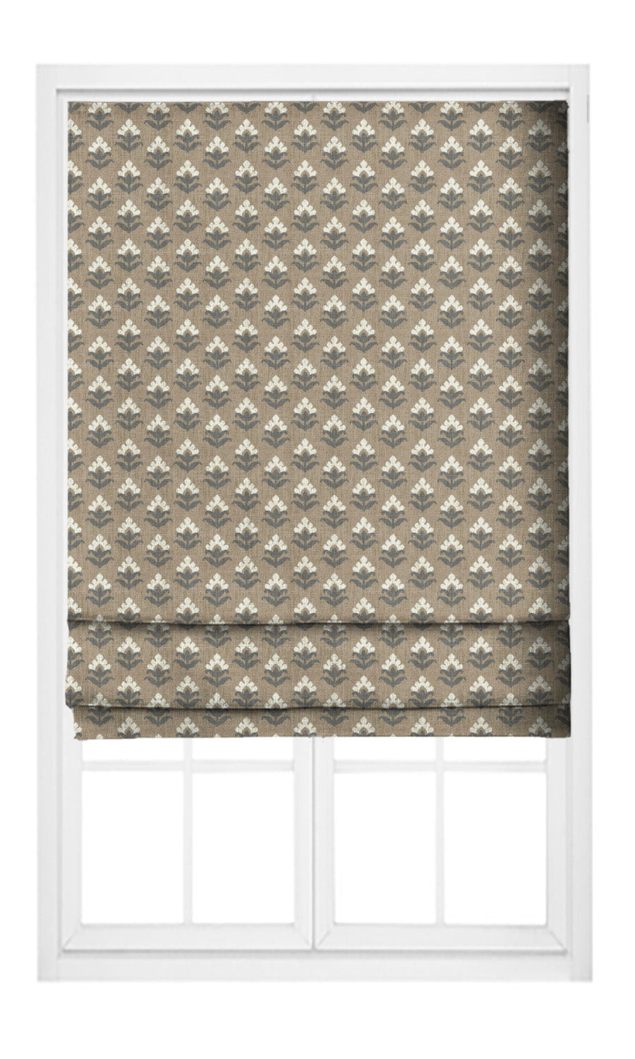 Floral Block Print Pinch Pleat, Rod Pocket, Eyelet Curtains (Tortilla Brown/ Slate Gray)