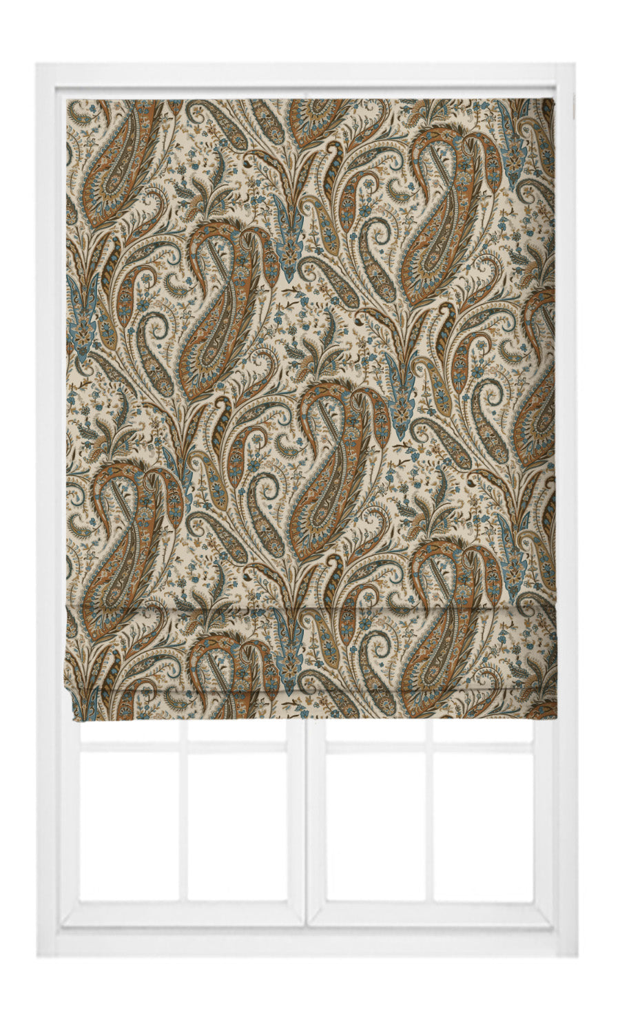 Paisley Floral Velvet Pinch Pleat, Rod Pocket, Eyelet Curtains (Burnt Orange / Slate Blue/ Cream)