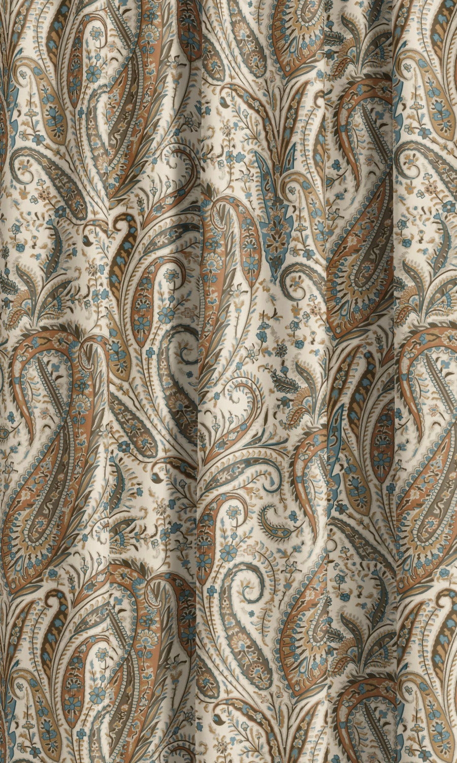 Paisley Floral Velvet Drapes (Burnt Orange / Slate Blue/ Cream) Extra Long Short Wide