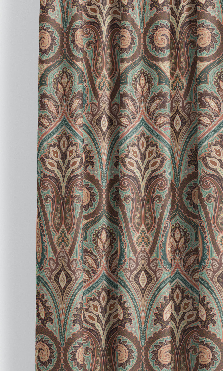 Paisley Damask Velvet Window Curtains (Mahogany Brown/ Teal Green/ Salmon Pink)