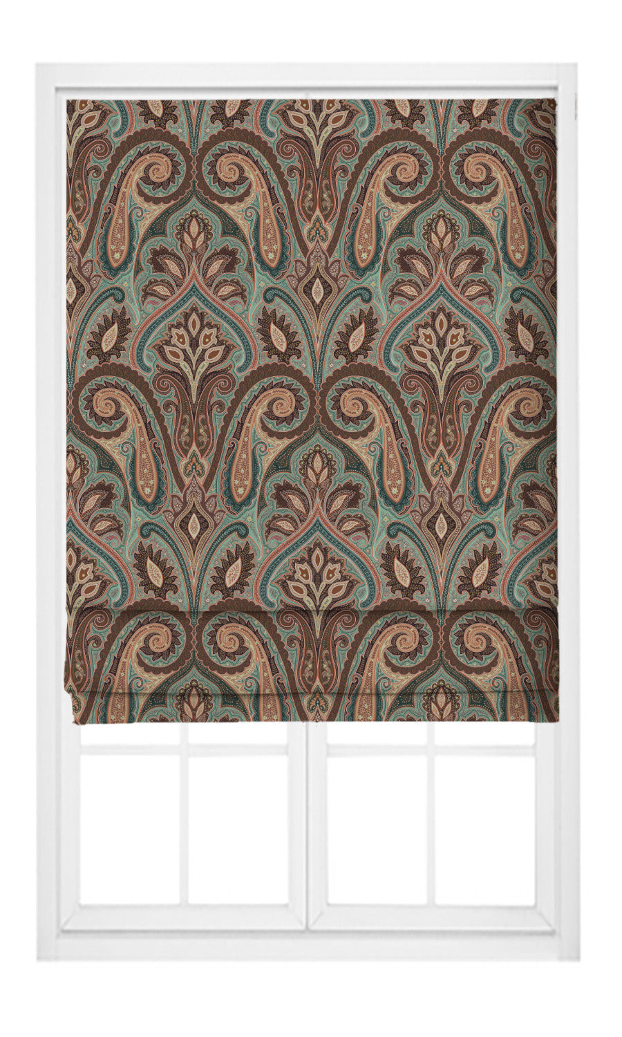 Paisley Damask Velvet Flat, Plain, Fake, Faux, European Relaxed Roman Shades (Mahogany Brown/ Teal Green/ Salmon Pink)