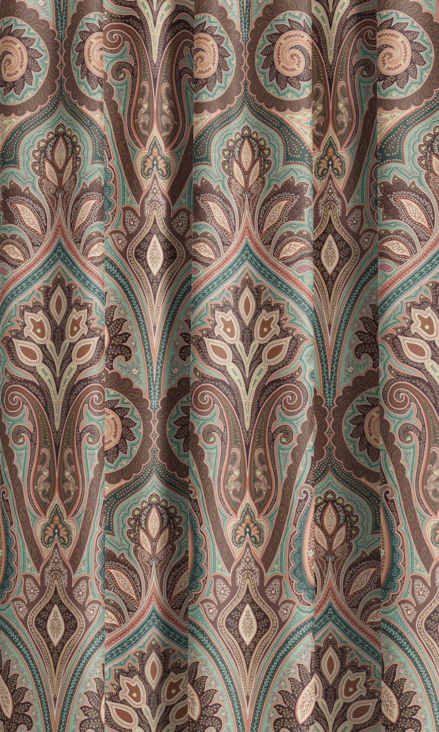 Paisley Damask Velvet Window Curtains (Mahogany Brown/ Teal Green/ Salmon Pink) Extra Long Short Wide