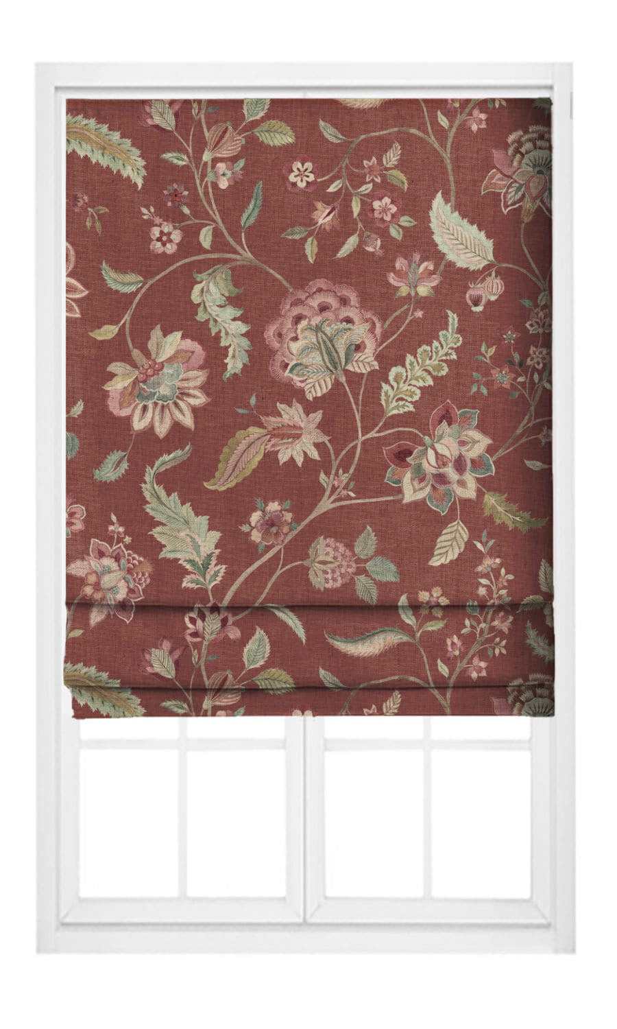 English Jacobean Floral Flat, Plain, Fake, Faux, European Relaxed Roman Shades (Burgundy Red/ Forest Green)
