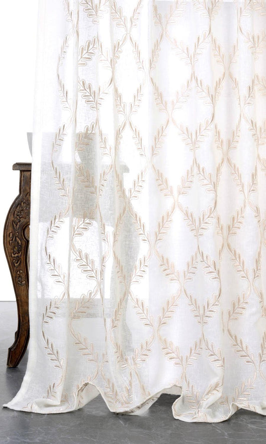 Sheer Floral Embroidered Window Curtains (White/ Beige)