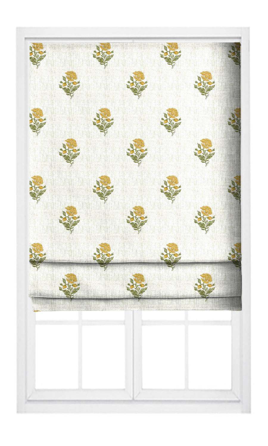 Floral Block Print Pinch Pleat, Rod Pocket, Eyelet Curtains (White/ Corn Yellow)