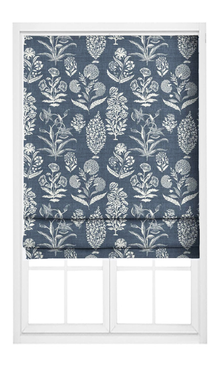 Floral Print Pinch Pleat, Rod Pocket, Eyelet Curtains (Navy Blue/ White)