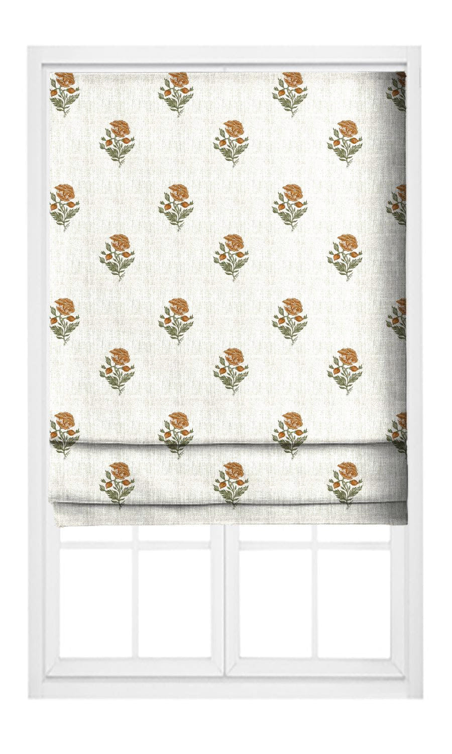 Floral Block Print Flat, Plain, Fake, Faux, European Relaxed Roman Shades (White/ Bronzy Orange)