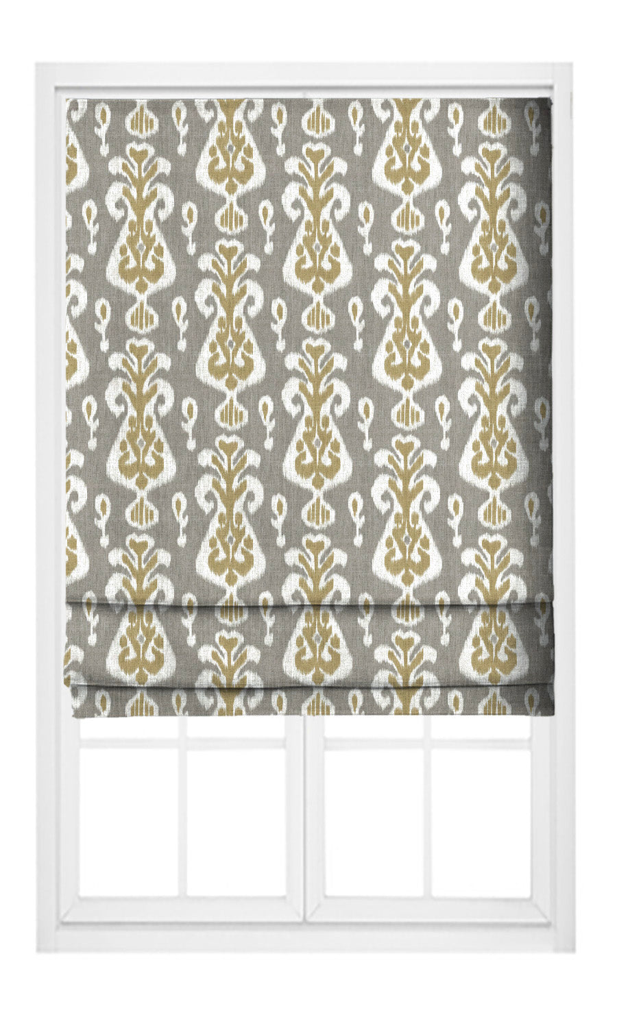 Ikat Floral Flat, Plain, Fake, Faux, European Relaxed Roman Shades (Taupe Gray/ Mustard Yellow)