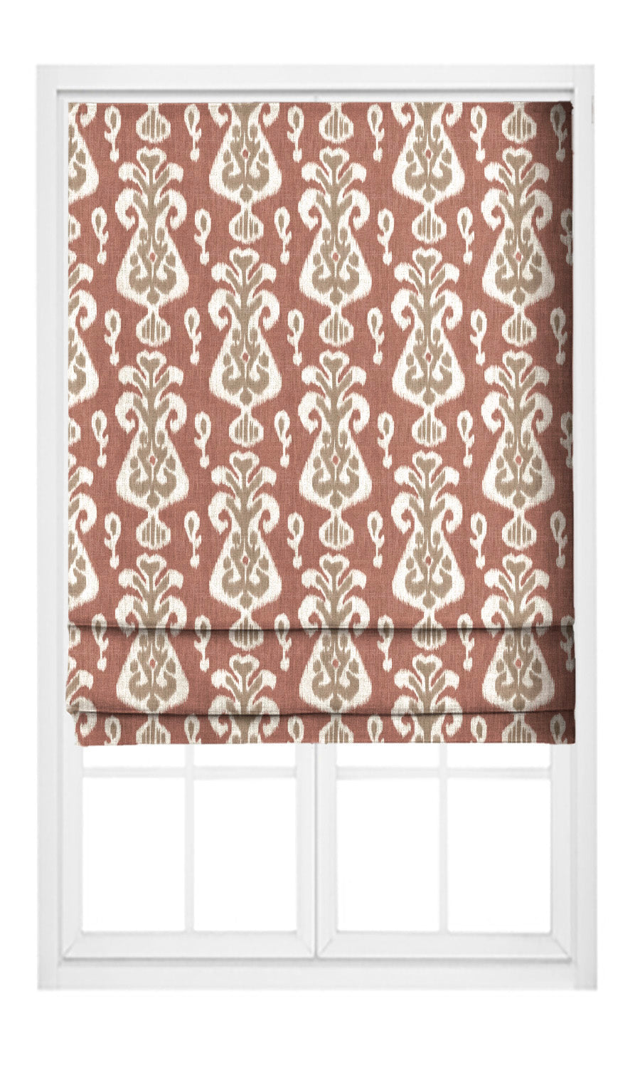 Ikat Floral Flat, Plain, Fake, Faux, European Relaxed Roman Shades (Terracotta Red/ Beige-Green)