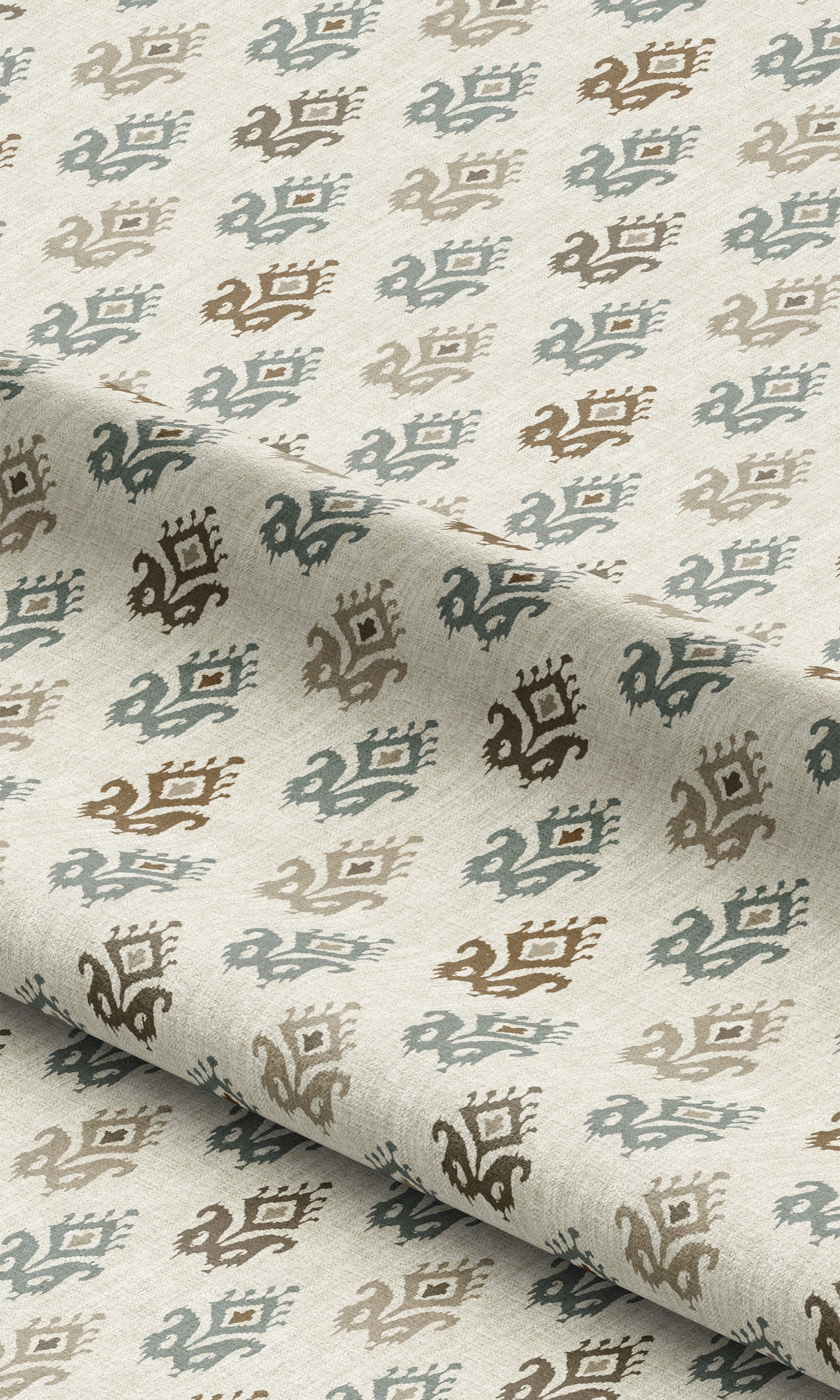 Ikat Paisley Block Print Drapes (Cream/ Stone Blue/ Cedar Brown)