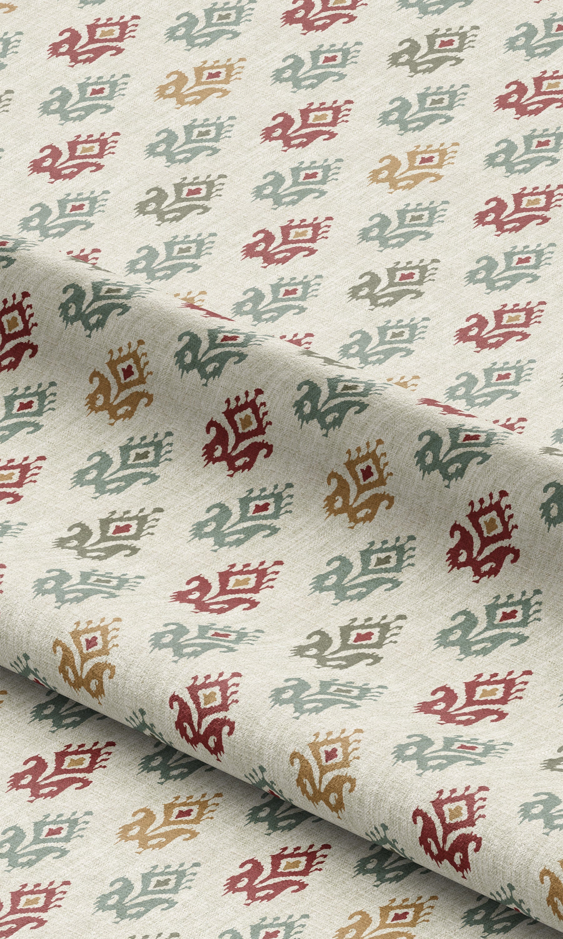 Ikat Paisley Block Print Window Curtains (Cream/ Red/ Moss Gray)