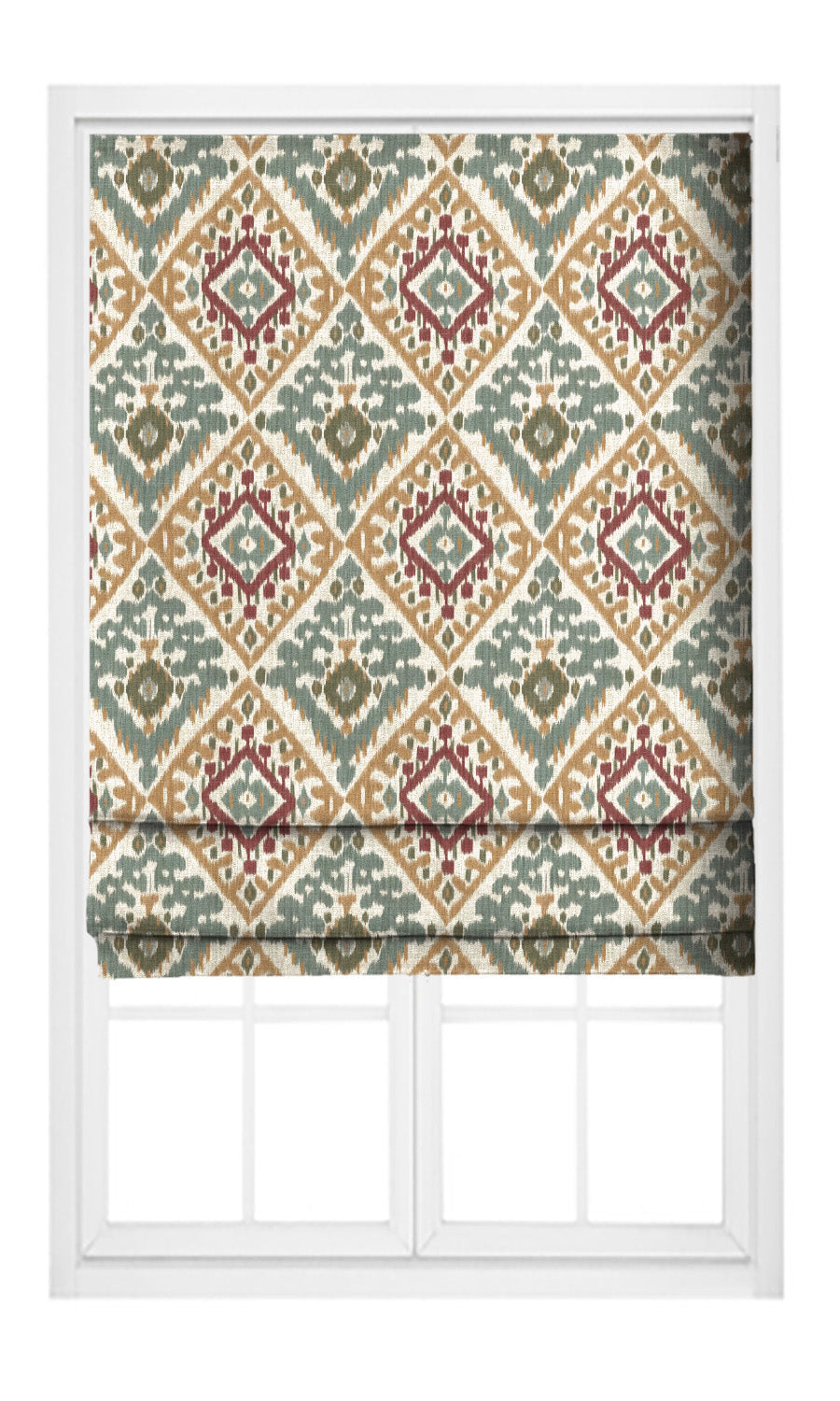 Ikat Argyle Pinch Pleat, Rod Pocket, Eyelet Curtains (Gray-Green/ Peachy Beige/ Red)