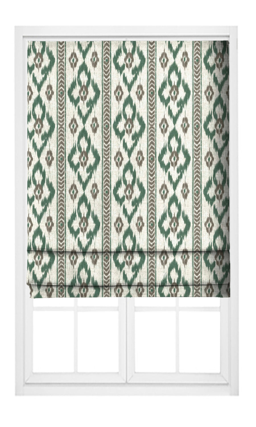 Ikat Geometric Flat, Plain, Fake, Faux, European Relaxed Roman Shades (Forest Green/ Brown)
