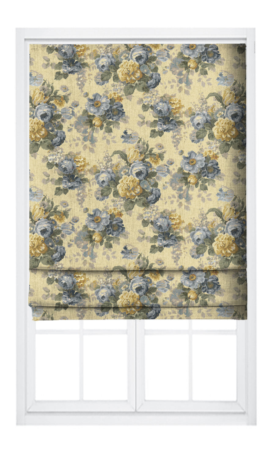 English Floral Pinch Pleat, Rod Pocket, Eyelet Curtains (Pale Butter Yellow/ Cornflower Blue)