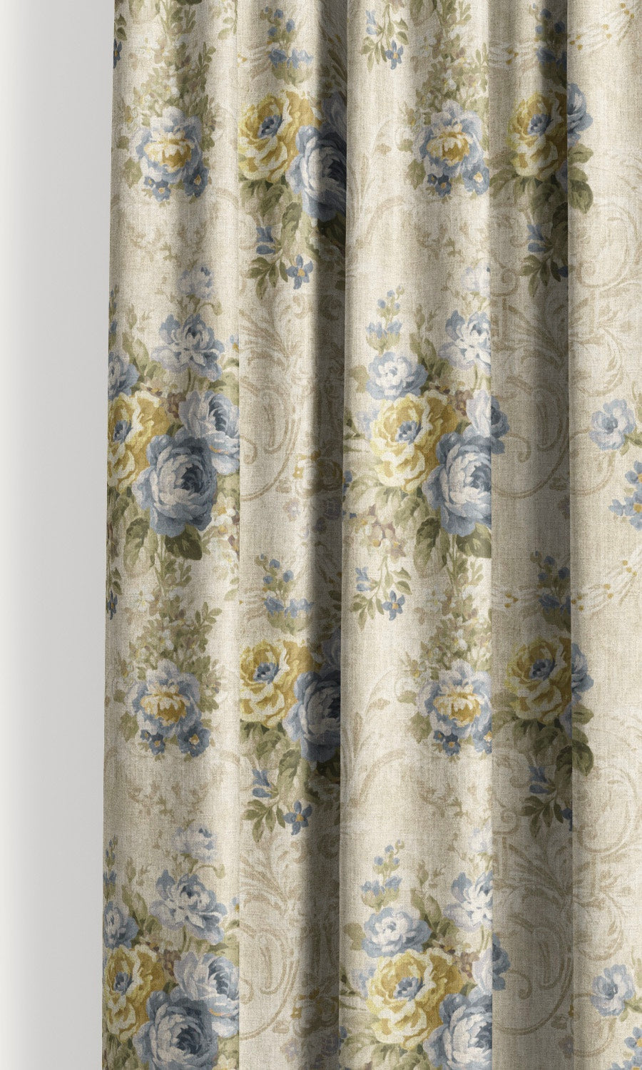 Floral Damask Curtain Panels for Living, Bedroom, Kitchen, Bathroom (Creamy Beige/ Powder Blue)