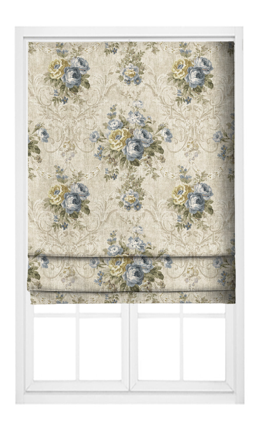 Floral Damask Flat, Plain, Fake, Faux, European Relaxed Roman Shades (Creamy Beige/ Powder Blue)
