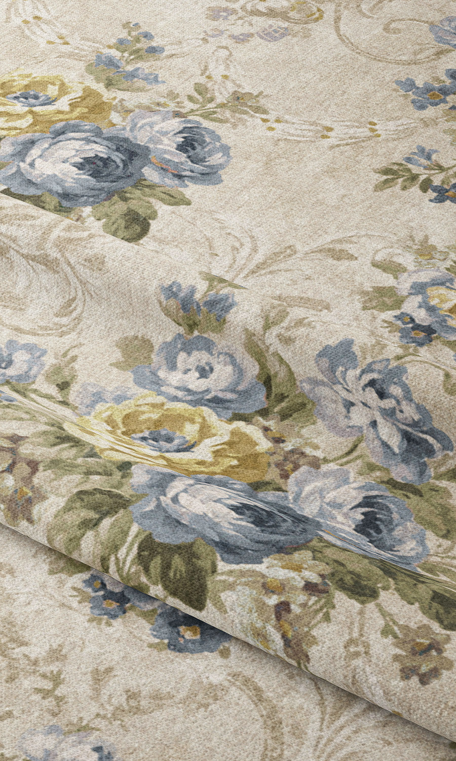 Floral Damask Curtain Panels (Creamy Beige/ Powder Blue) Extra Long Short Wide