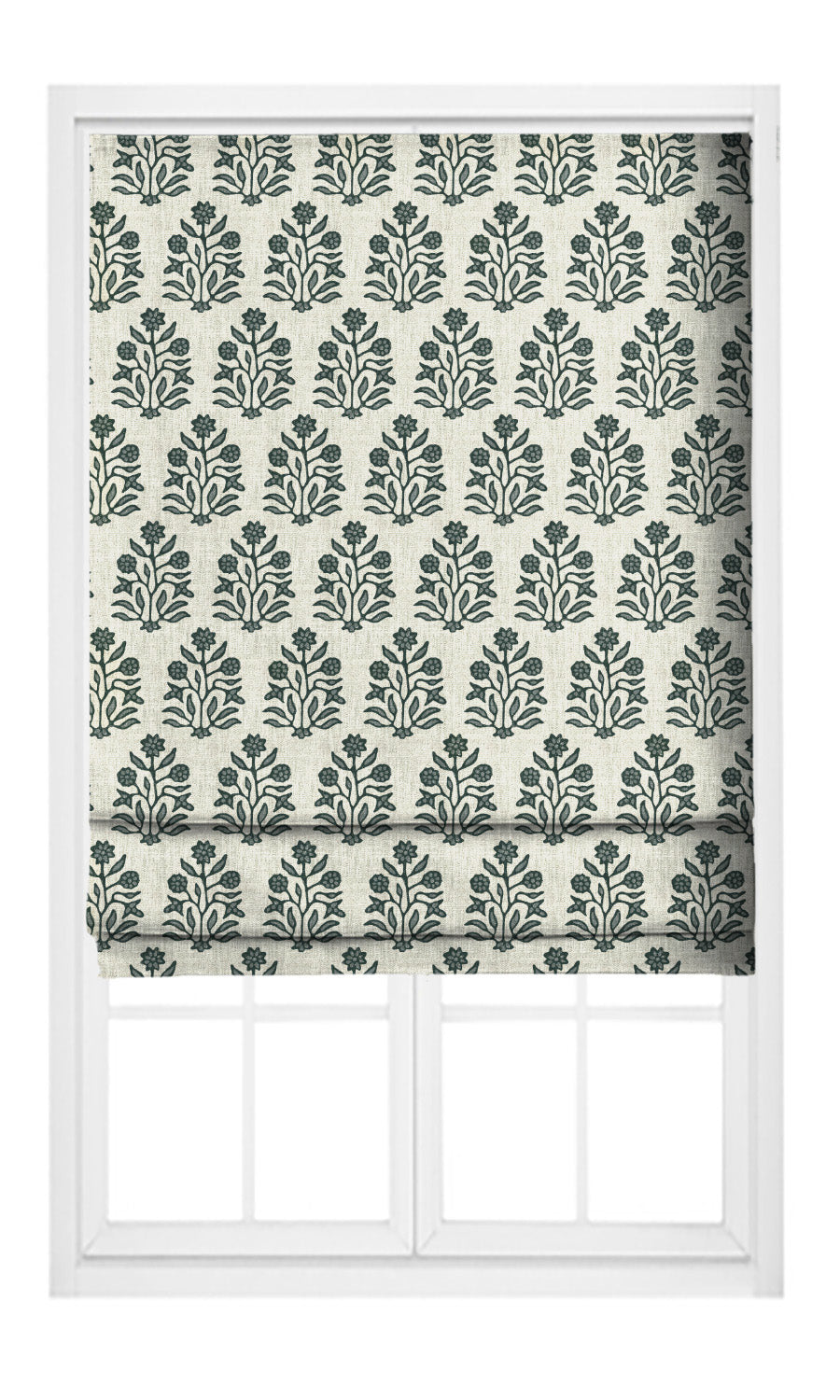 Floral Block Print Flat, Plain, Fake, Faux, European Relaxed Roman Shades (Cream/ Green)