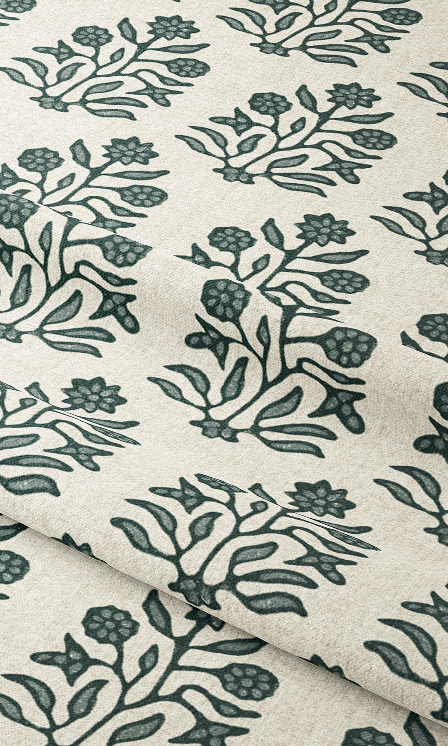 Floral Block Print Window Curtains (Cream/ Green) Extra Long Short Wide