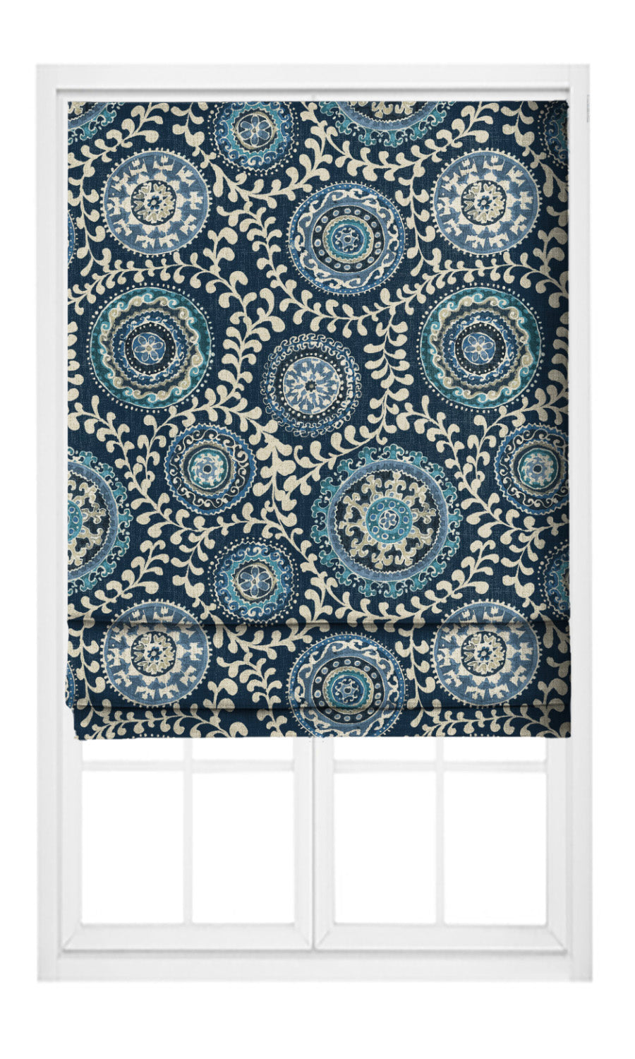 Ajrakh-Style Floral Print Flat, Plain, Fake, Faux, European Relaxed Roman Shades (Midnight Blue/ Cream)