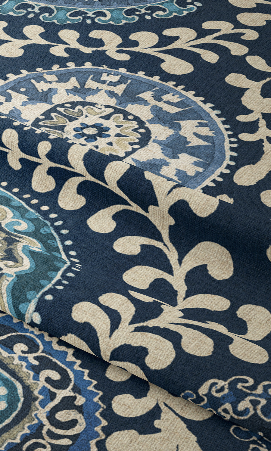 Ajrakh-Style Floral Print Curtain Panels (Midnight Blue/ Cream) Extra Long Short Wide