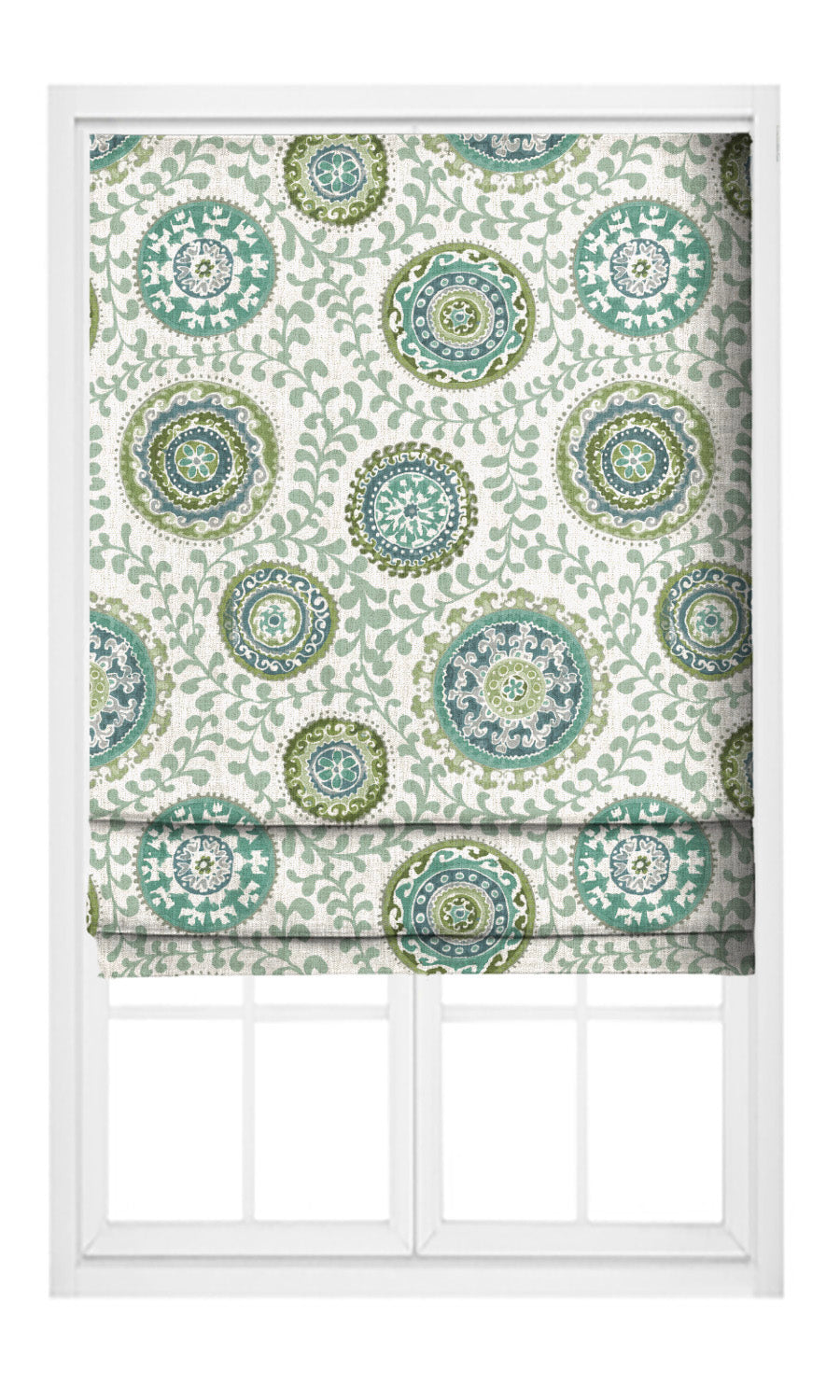 Ajrakh-Style Floral Print Flat, Plain, Fake, Faux, European Relaxed Roman Shades (Teal Blue/ Green/ Cream)