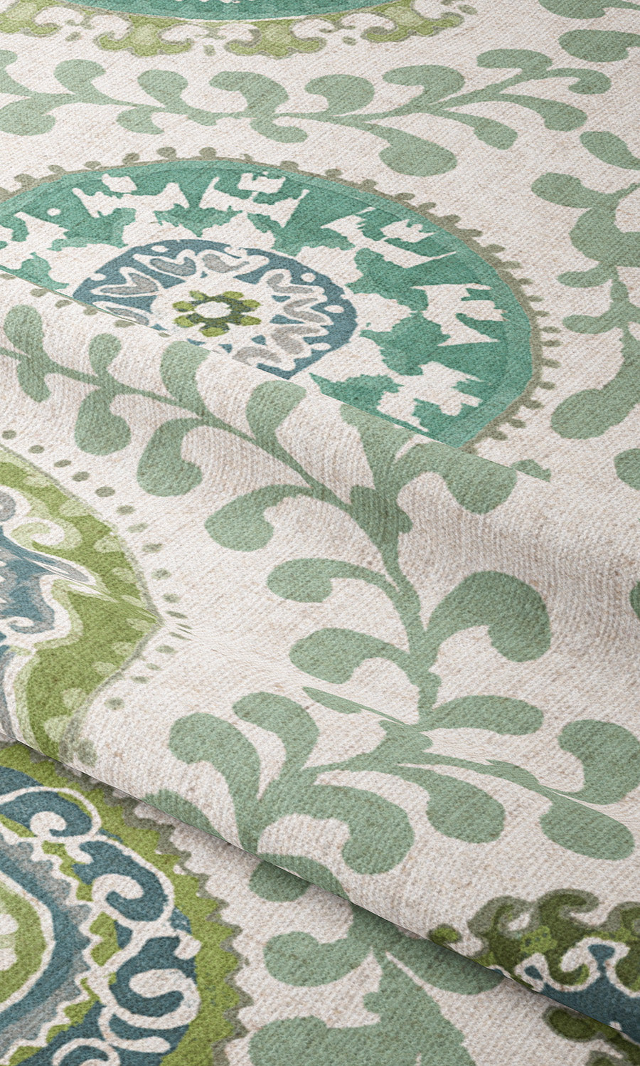 Ajrakh-Style Floral Print Drapes (Teal Blue/ Green/ Cream) Extra Long Short Wide