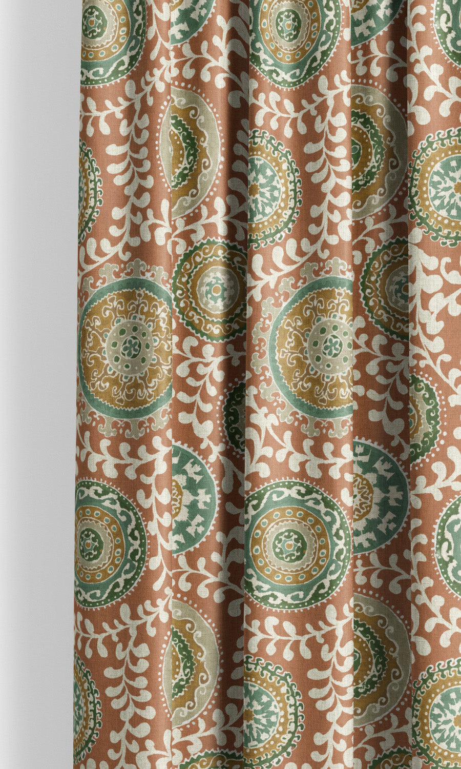Ajrakh-Style Floral Print Window Curtains for Living, Bedroom, Kitchen, Bathroom (Orange-Brown/Teal Blue/ Green)